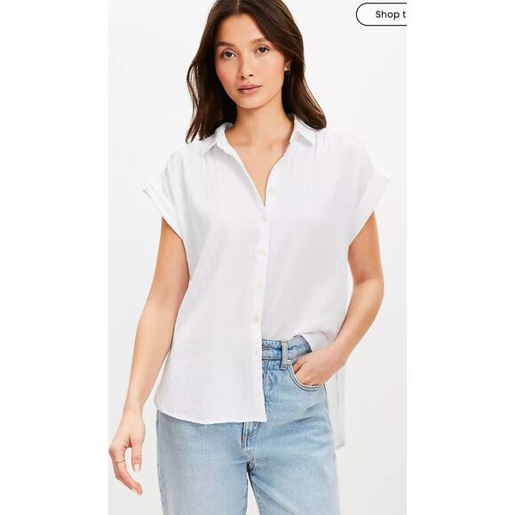 Loft Button Front Shirt Women Size S White Crinkle Dolman Shirt Minimal - Picture 3 of 9